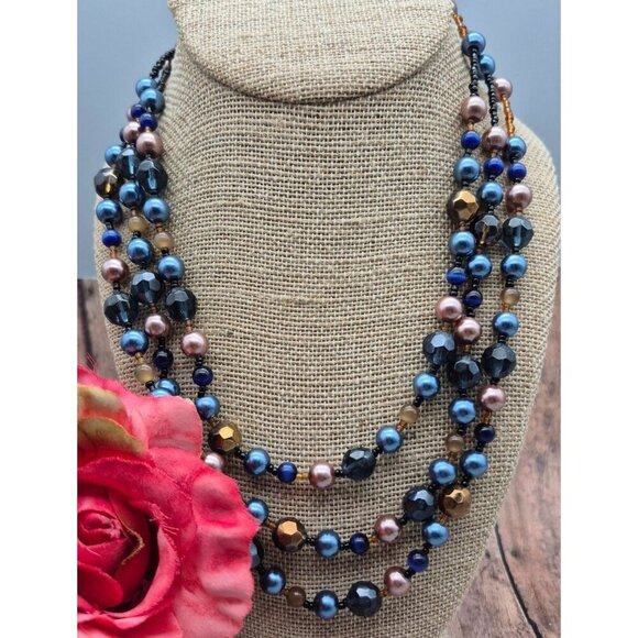 Pretty Esmor Multi Strand Glass Bead Necklace Jewel Tones Blue Gold 22" - Picture 10 of 10